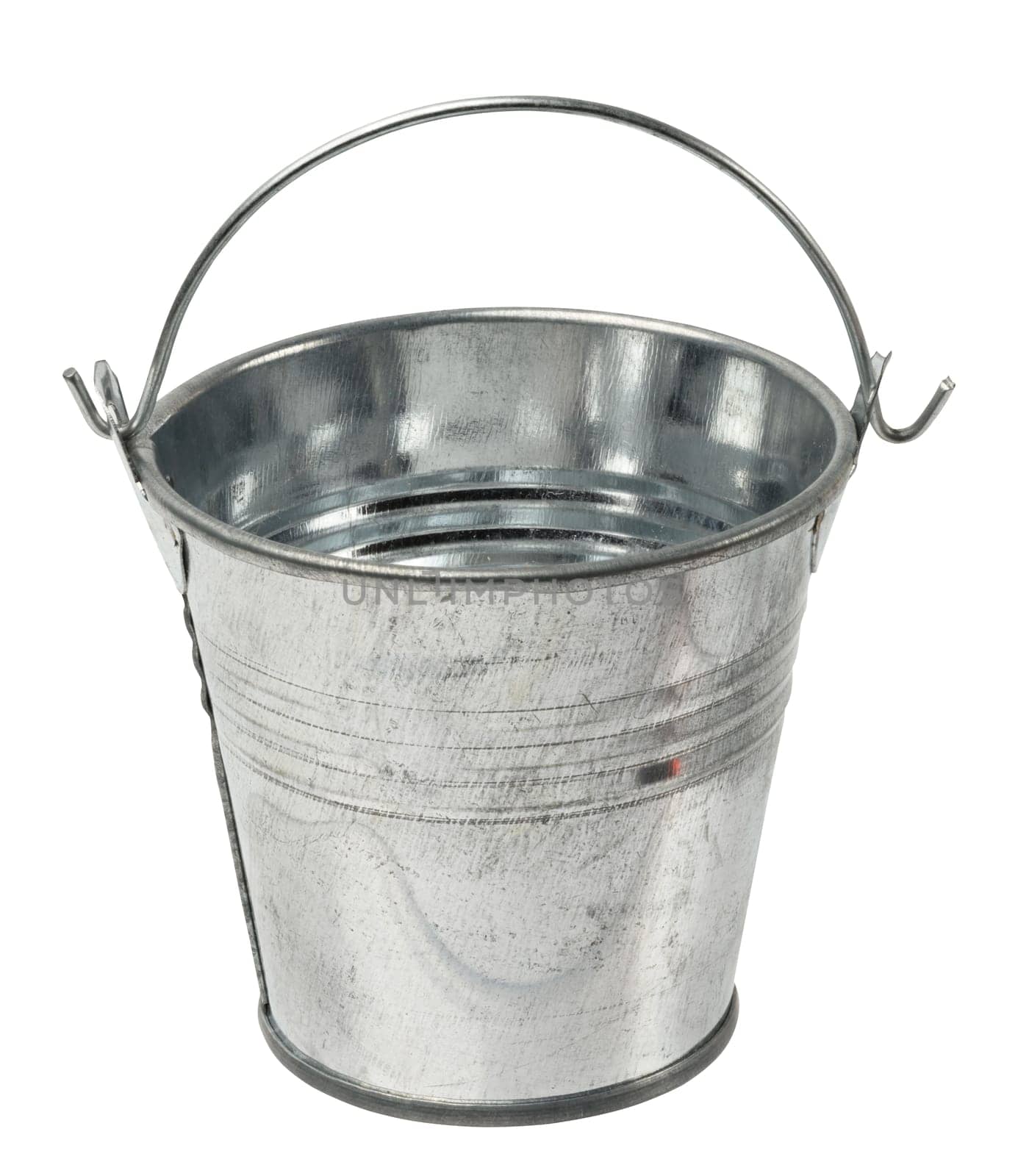 Empty aluminum bucket on isolated background