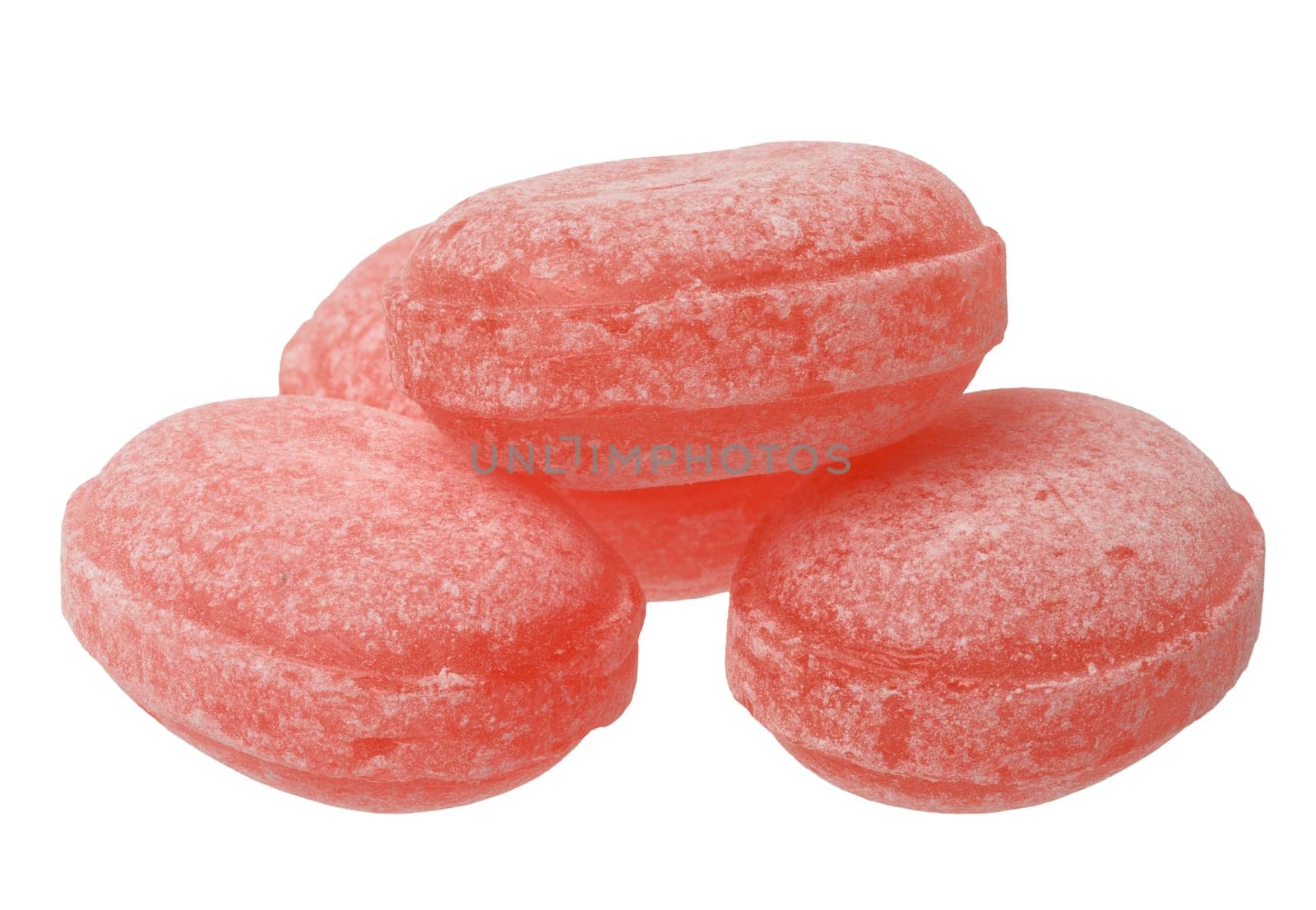 Stack of fruit red lollipops on isolated background, close up