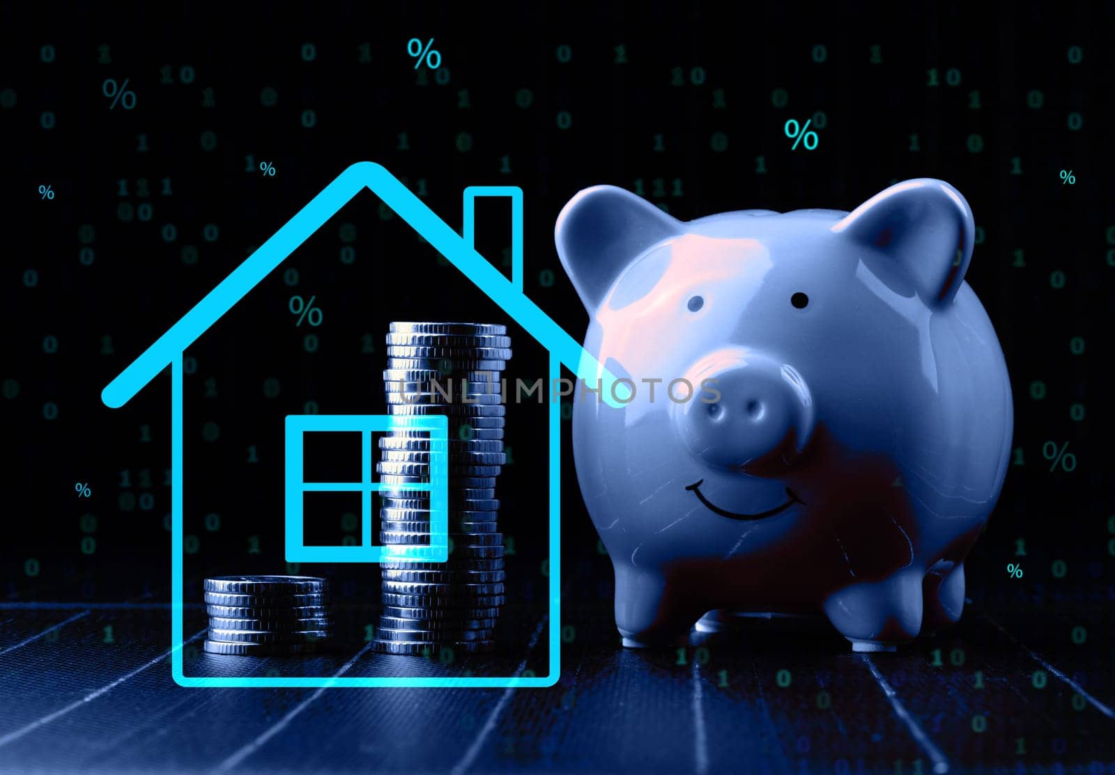 Stack of coins and a pig piggy bank stand on the surface of a solar panel, alternative renewable energy concept