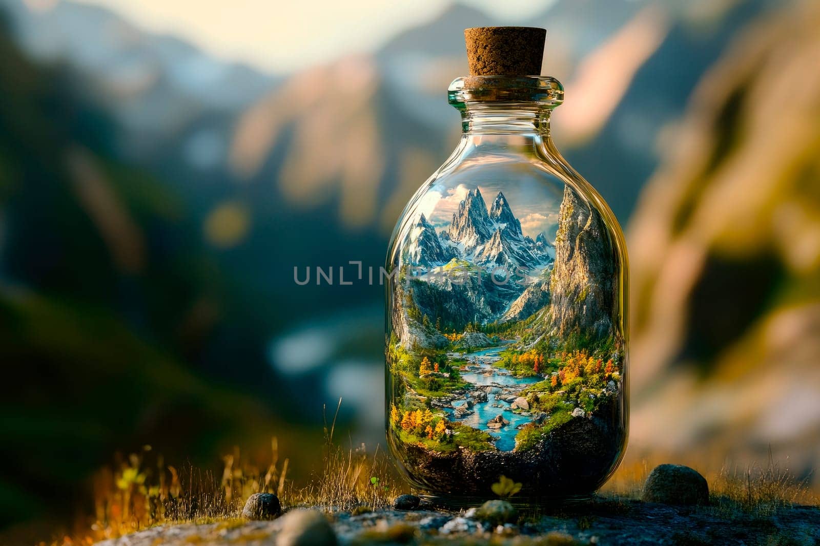 Landscape with mountains inside a glass bottle. Corked glass bottle with beautiful natural landscape. Environment, tourism, travel concept. AI generated