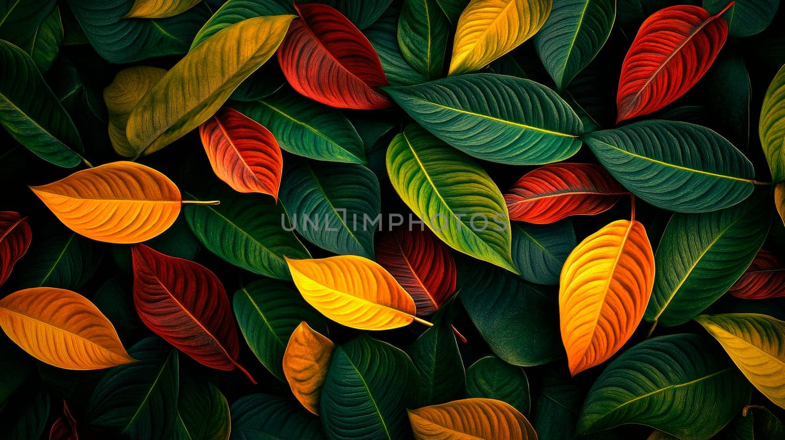 Wallpaper from exotic colored leaves.  Nature leaves, tropical forest, exotic backgound. AI generated