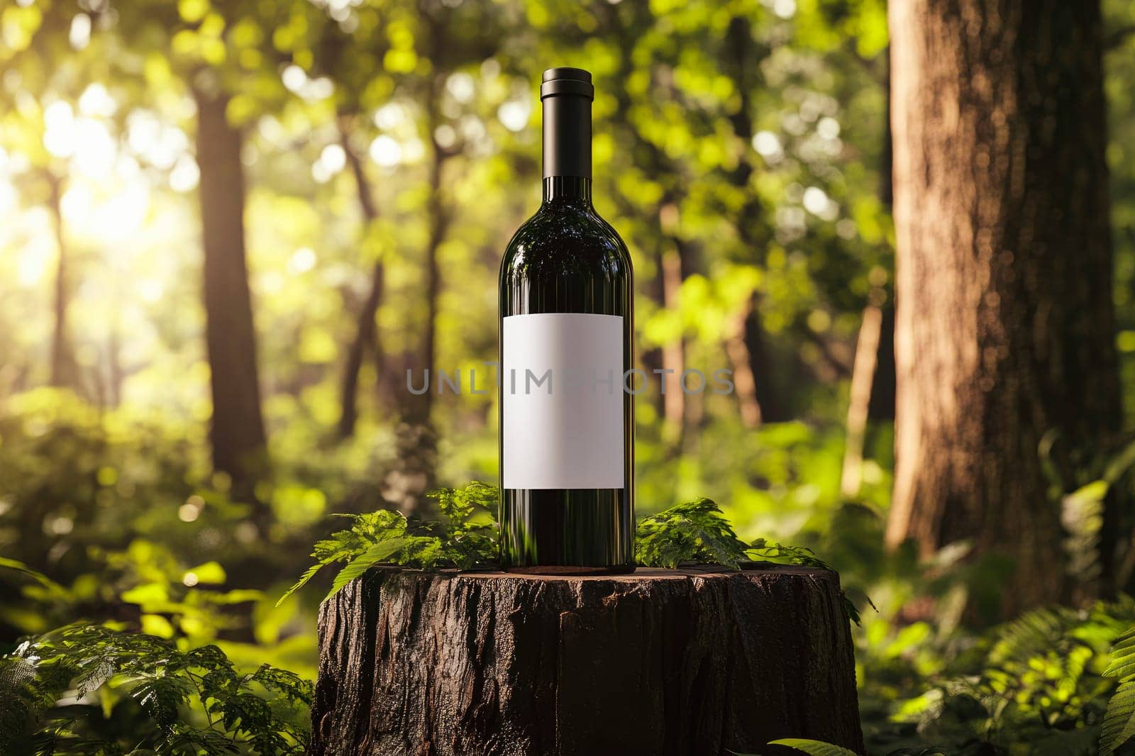A wine bottle with a blank white label, placed on a top a tree stump in nature with dense green foliage and tall trees around. AI generated