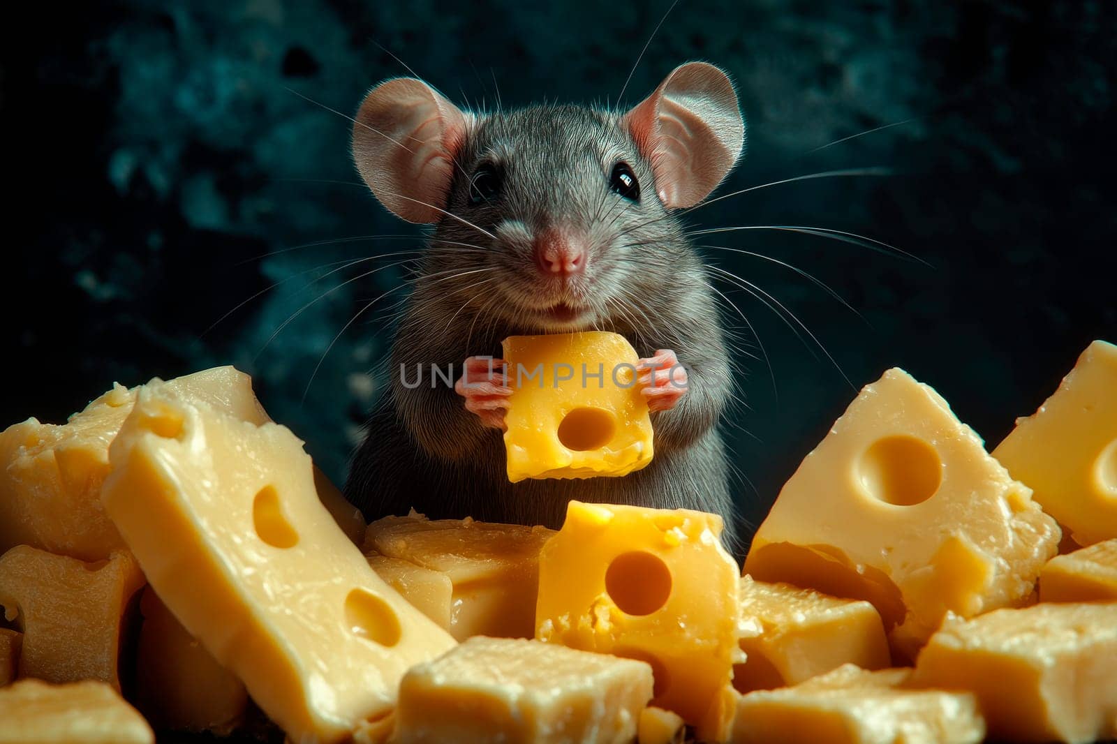 A mouse in a pile of yellow cheese. Happy mouse with cheese. AI generated