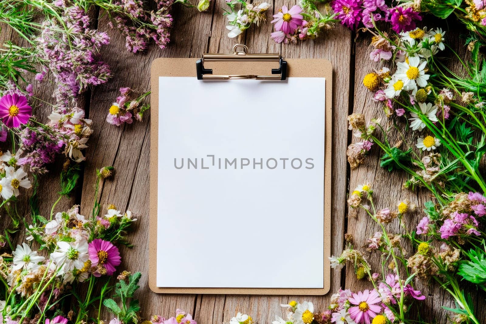 A clipboard with blank paper sheet on a wooden background covered in summer flowers. Copy space. AI generated