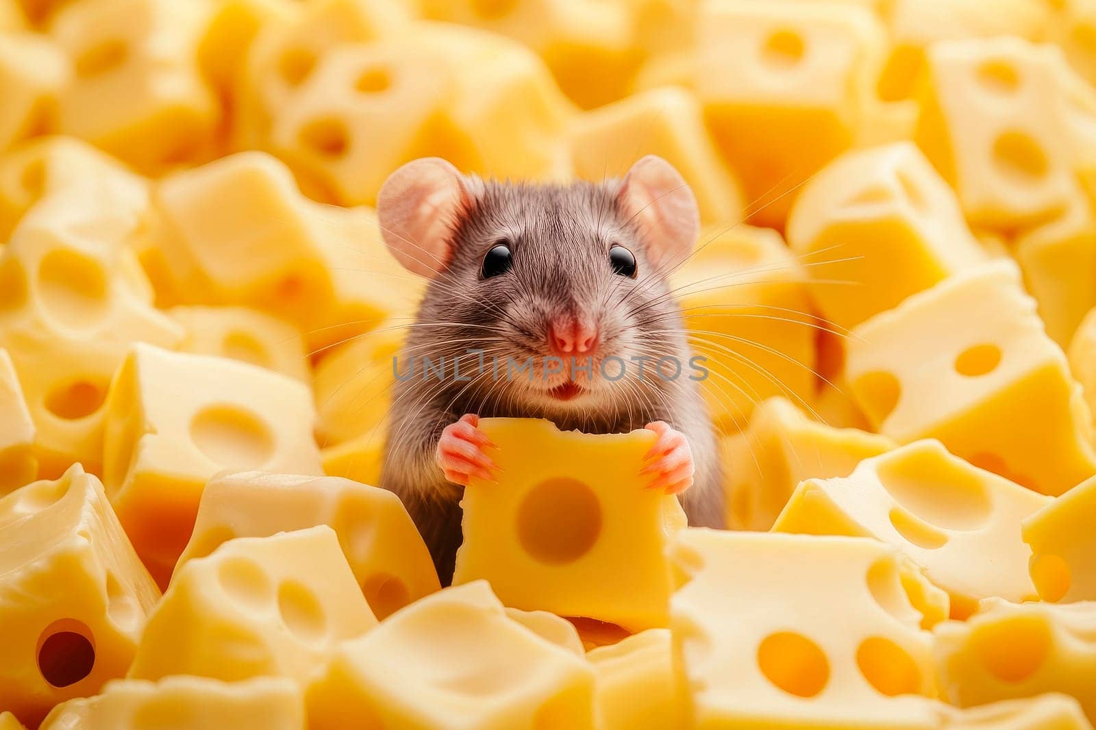 A cute mouse in a pile of yellow cheese. Happy mouse with cheese. AI generated