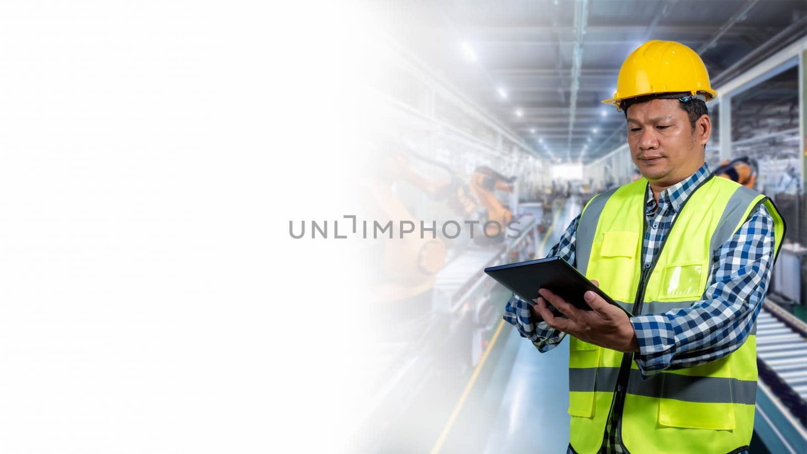 Engineer working and control robotic with industry factory and network connection automation robot arm by tablet. Automation manufacturing process controlled by specialist using IOT software.
