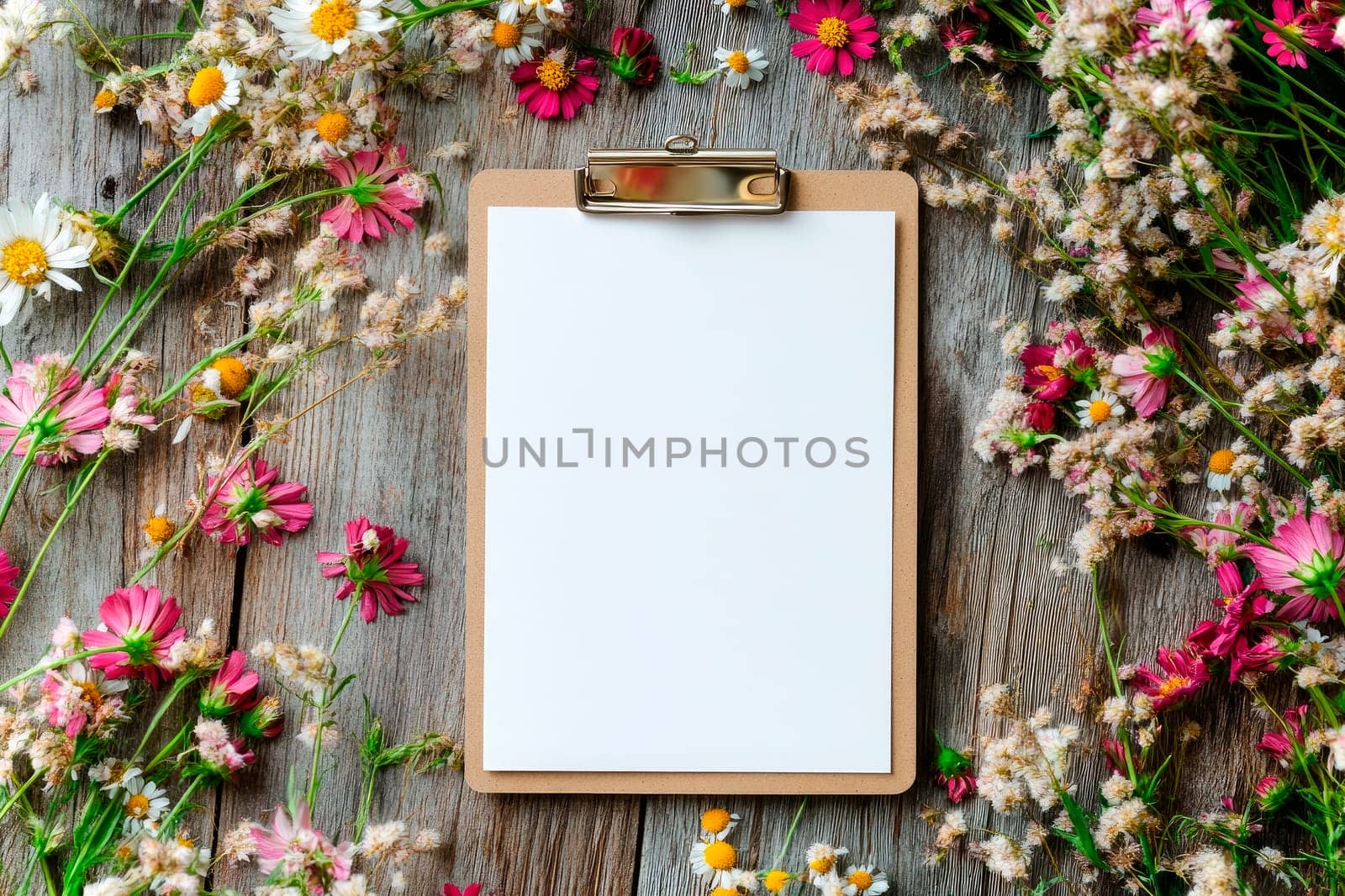 A clipboard with blank paper sheet on a wooden background covered in summer flowers. Copy space. AI generated