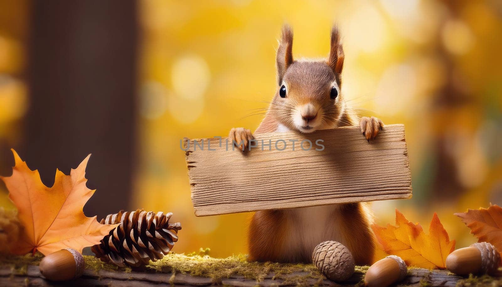 Cute and funny squirrel character standing on a tree branch holding an old wooden banner in the autumn forest. Fall seasonal background advertising with space for text on empty wood board