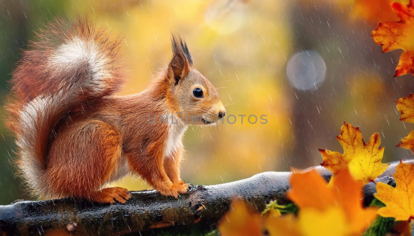 Rainy autumn day in the forest and a cute squirrel on the tree branch hiding among leaves. Fall season wildlife background