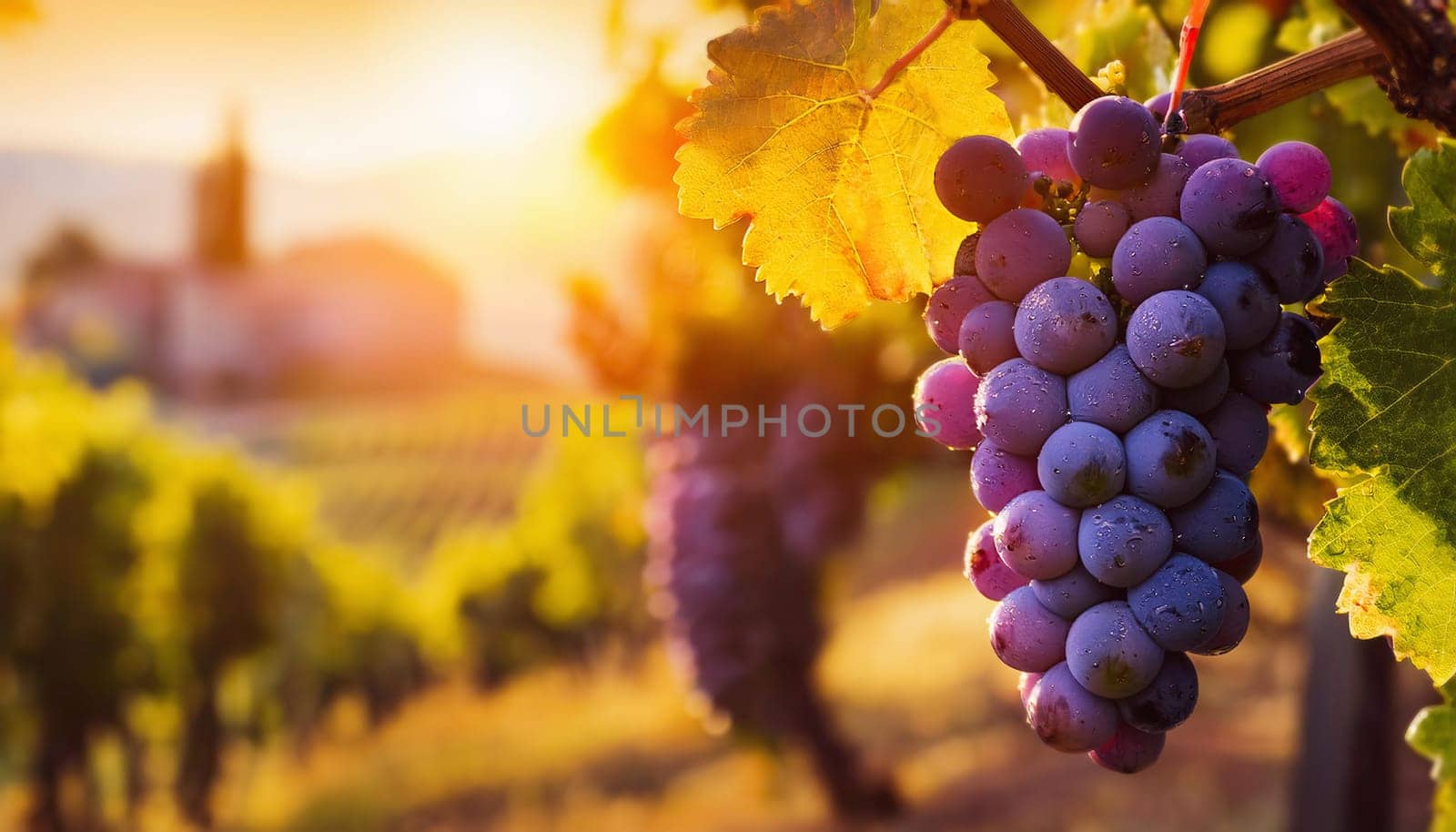Red grape ripening in the sun rays at a vineyard. Soft sunset light and a view to the winery on the hills in the background
