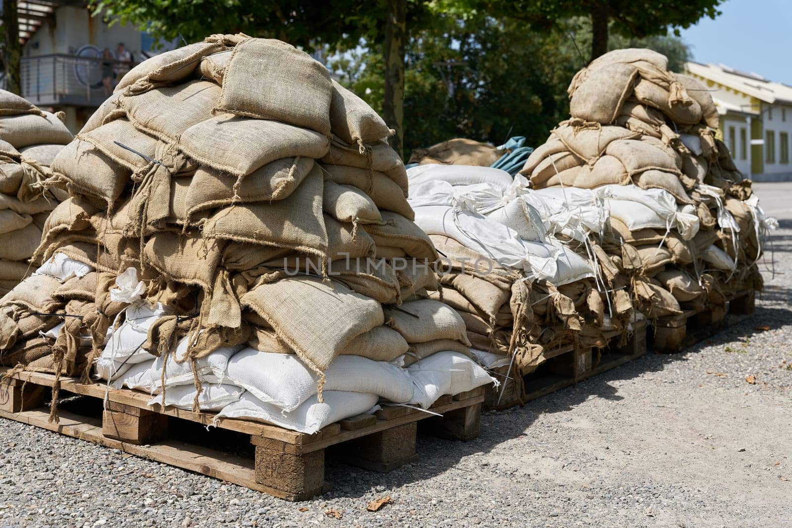 Sandbags as flood protection from the last flood on the shores of Lake Constance, Bodensee, in Constance, Konstanz Germany