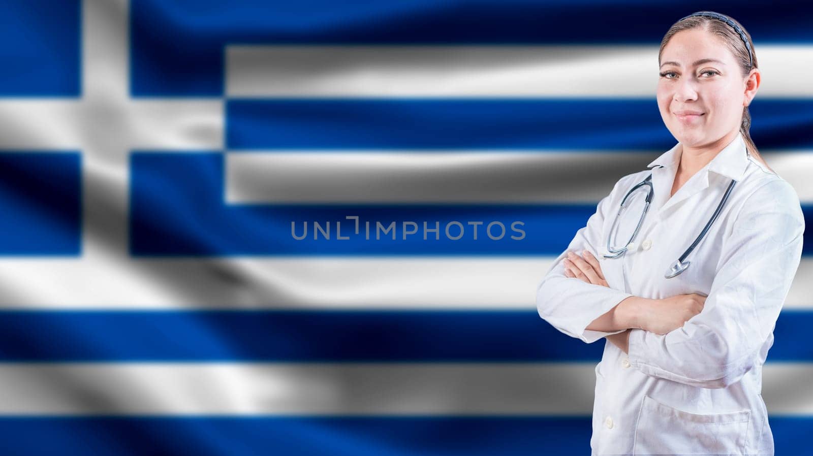 Female doctor with arms crossed with Greek flag background. Healthcare concept with Greece flag in background