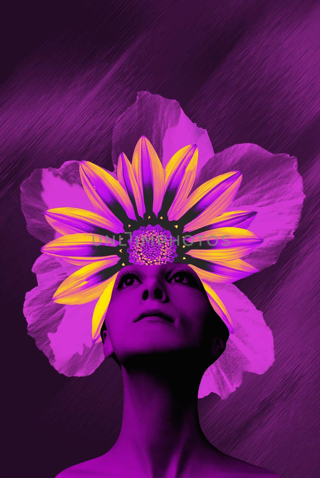 Abstract contemporary art design or portrait of young woman with flowers on face hides her eyes