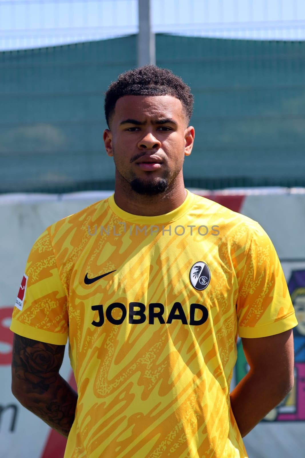 Goalkeeper Noah Atubolu (SC Freiburg) at the Media Day SC Freiburg 1st FBL season 2024/25