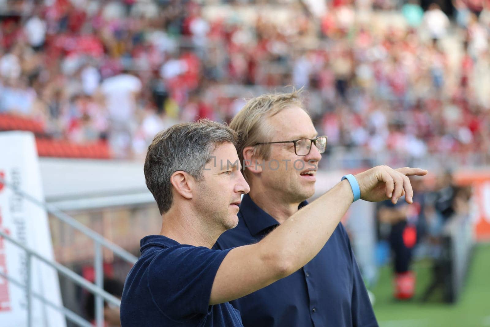 Jochen Saier (Board Member for Sport SC Freiburg) and Sporting Director Klemens Hartenbach (SC Freiburg) at the football test match: SC Freiburg - AC Fiorentina  REGULATIONS PROHIBIT ANY USE OF PHOTOGRAPHS AS IMAGE SEQUENCES AND/OR QUASI-VIDEONann  Photo: Joachim Hahne/johapress
