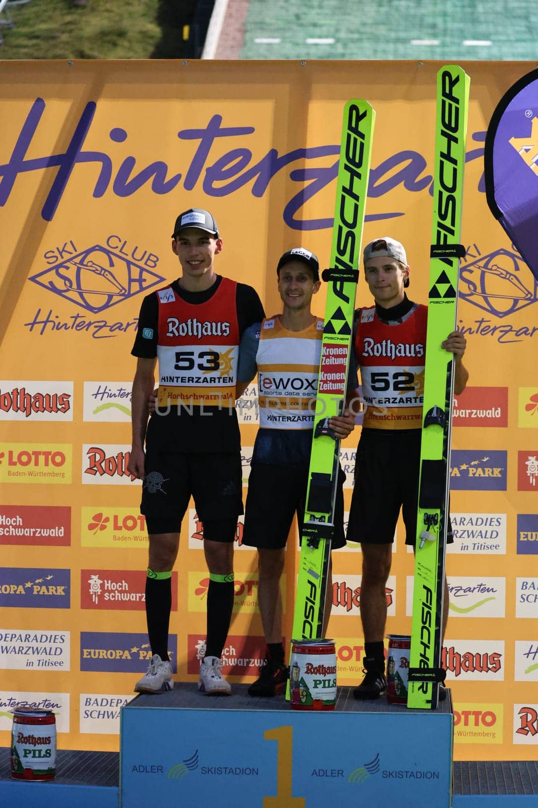 Award ceremony for the COC Cup summer ski jumping Hinterzarten 2024,v.li. Luca Roth (SV Messstetten),Clemens Aigner (SV Innsbruck Bergisel) and Fredrik Villumstad (Norway)