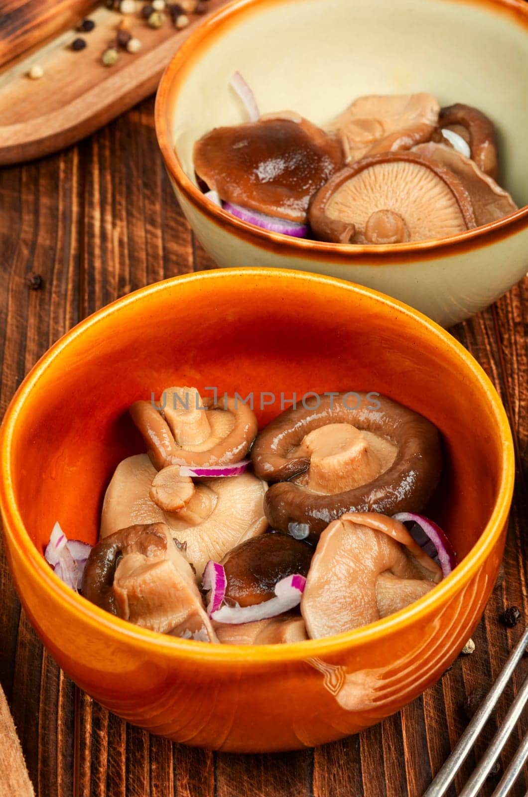 Salted mushrooms in a plate. Homemade marinated mushrooms.