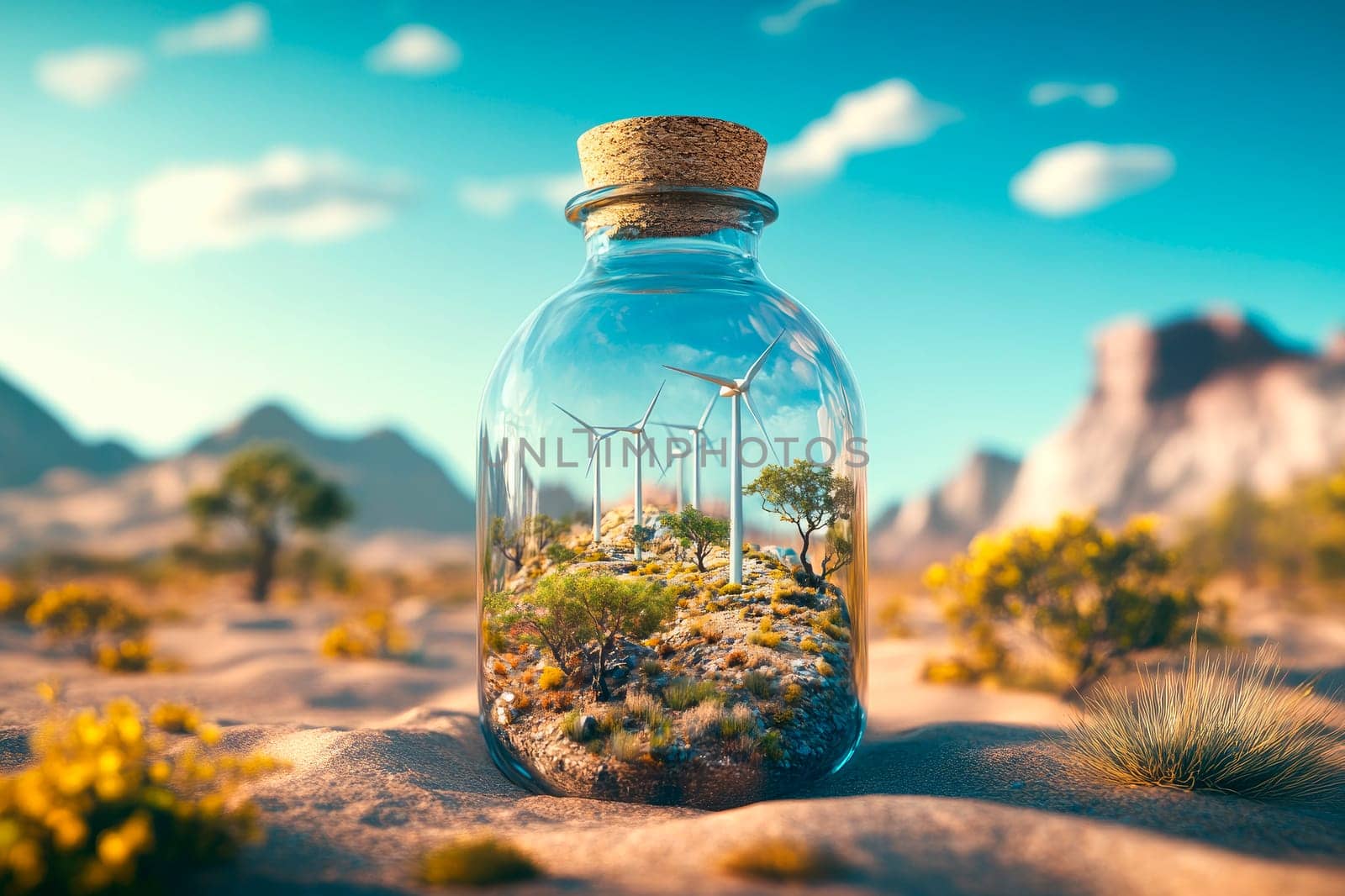 Glass bottle containing a miniature wind turbines landscape on a  desert background. Eco green energy concept. AI generated