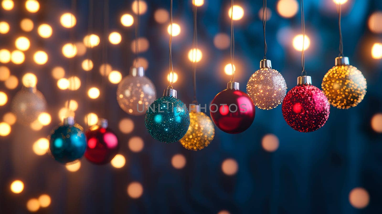Christmas decorations with colorful baubles and garland lights. AI generated