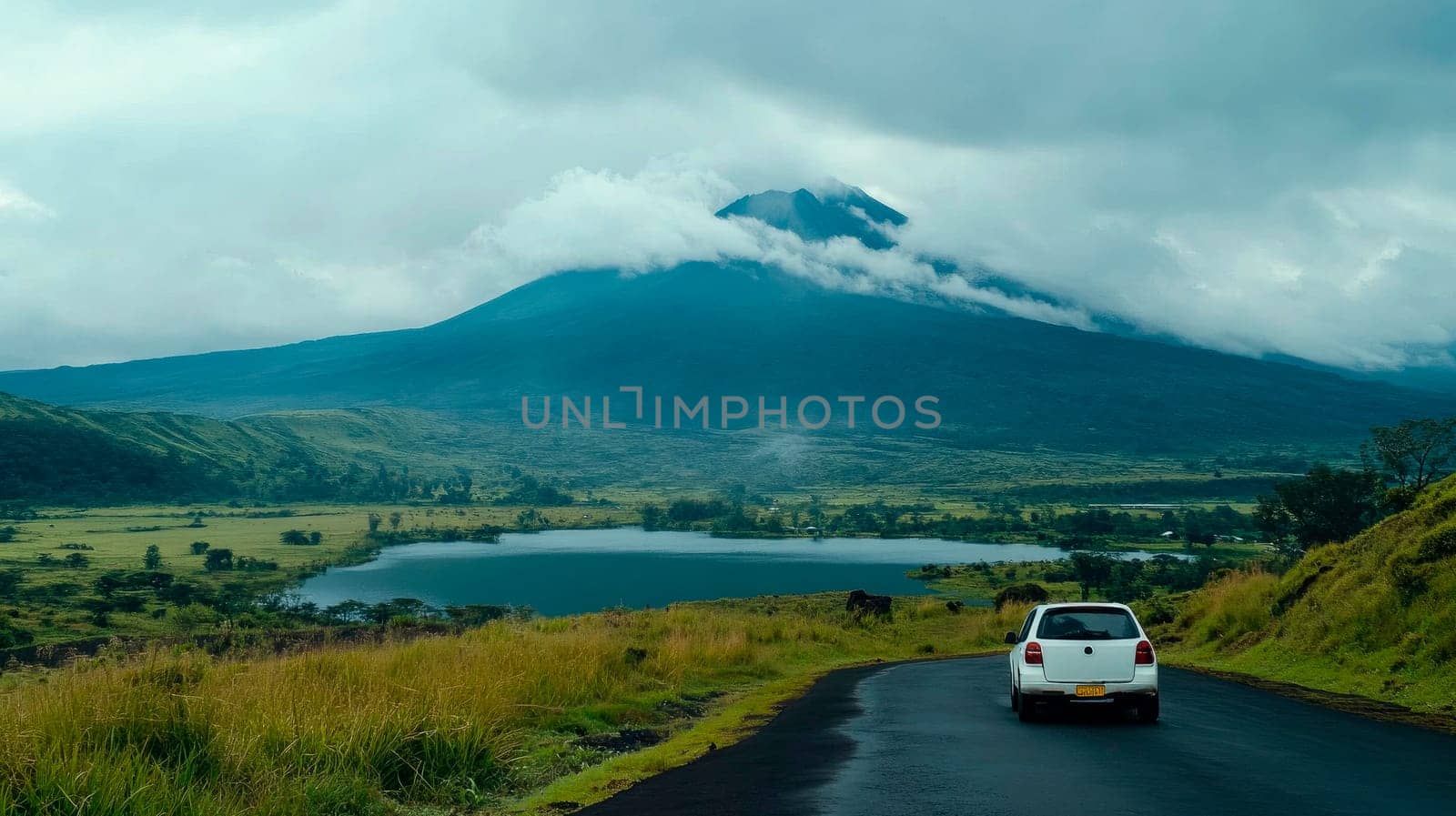 Lonely white car driving by serpentine curved asphalt mountain road.Travel concept.AI generated