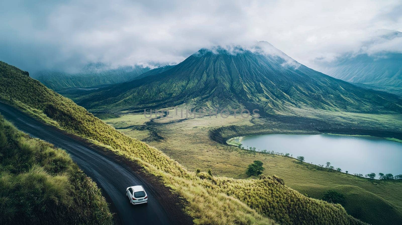Lonely small white car driving by serpentine curved asphalt mountain road.Travel concept.AI generated