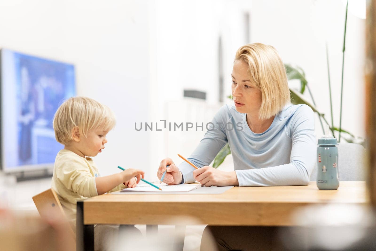 Caring young Caucasian mother and small son drawing painting in notebook at home together. Loving mom or nanny having fun learning and playing with her little 1,5 year old infant baby boy child