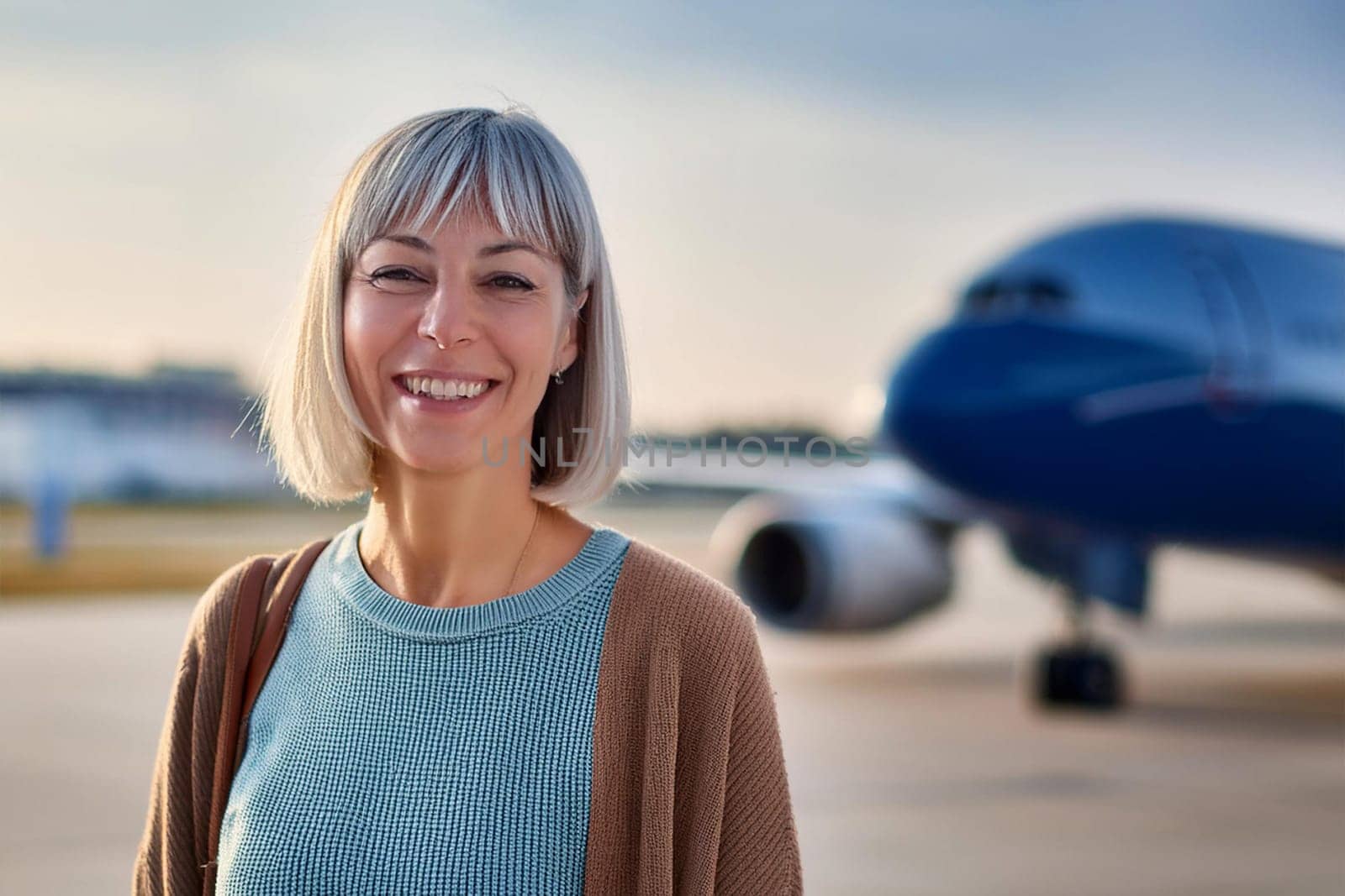 Mature smiling grey-haired woman at airport with airplane in the background.
