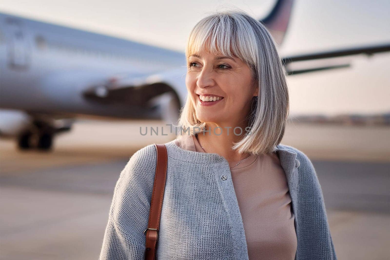 Mature smiling grey-haired woman at airport with airplane in the background.