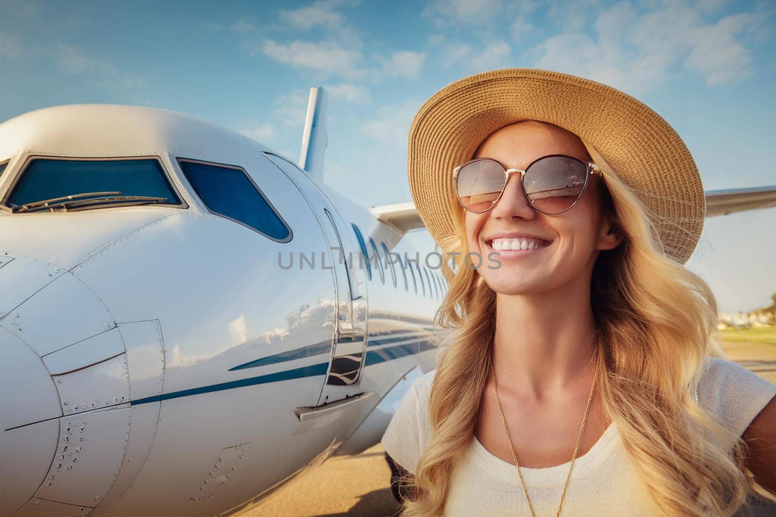 Happy blonde young woman in straw hat near plane before boarding for vacation flight.