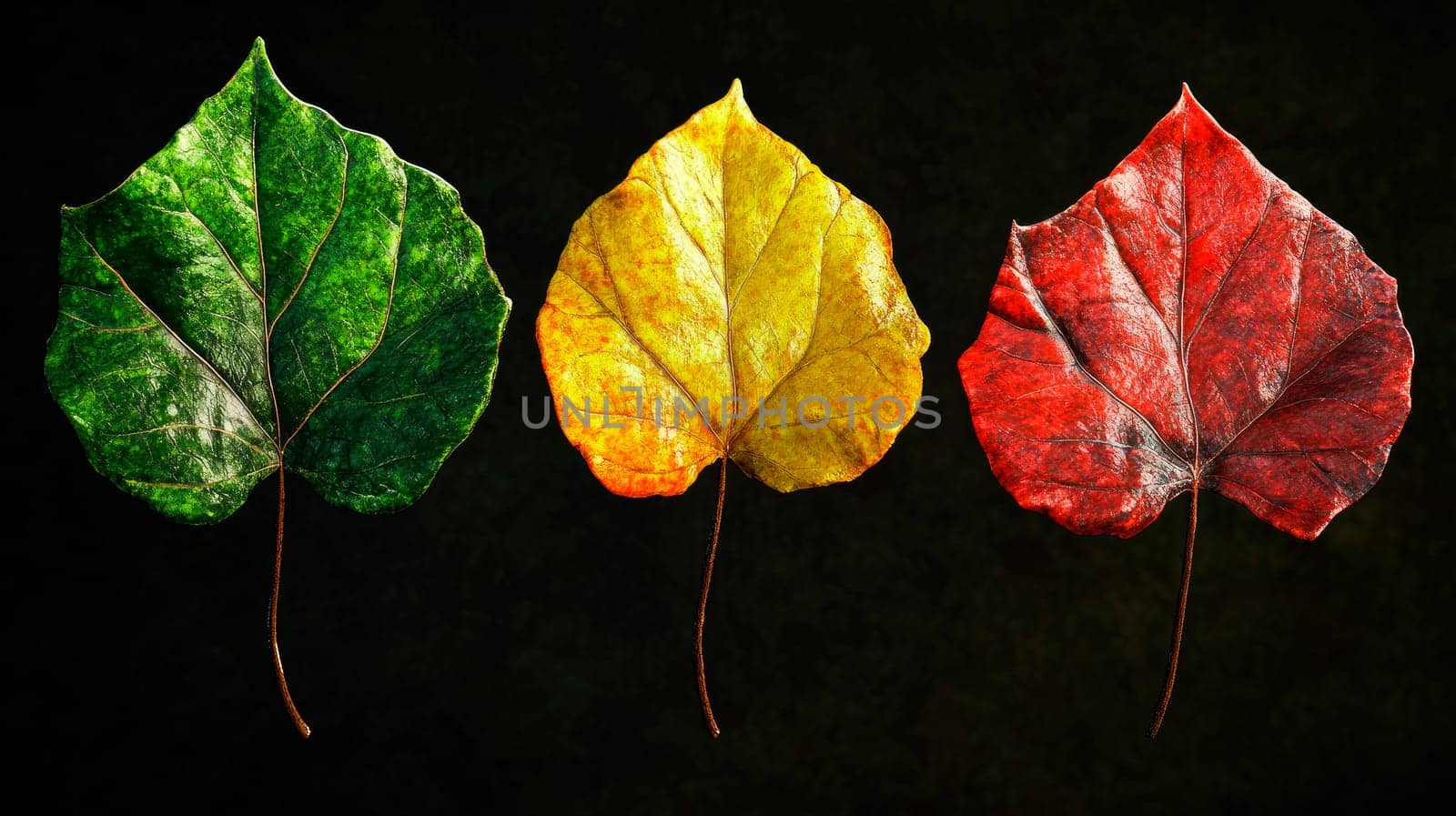 Set of beautiful and colorful autunm leaves. Green, yellow and red leaf. AI generated