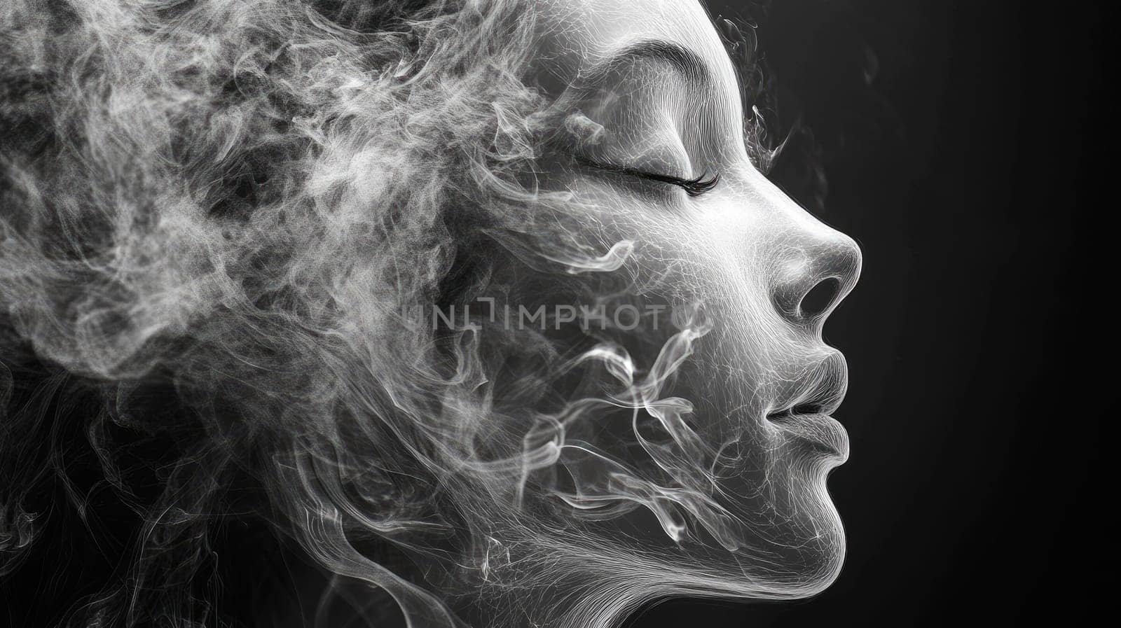An illusory and dreamy portrait created by swirls of smoke. Woman face silhouette from smoke. AI generated