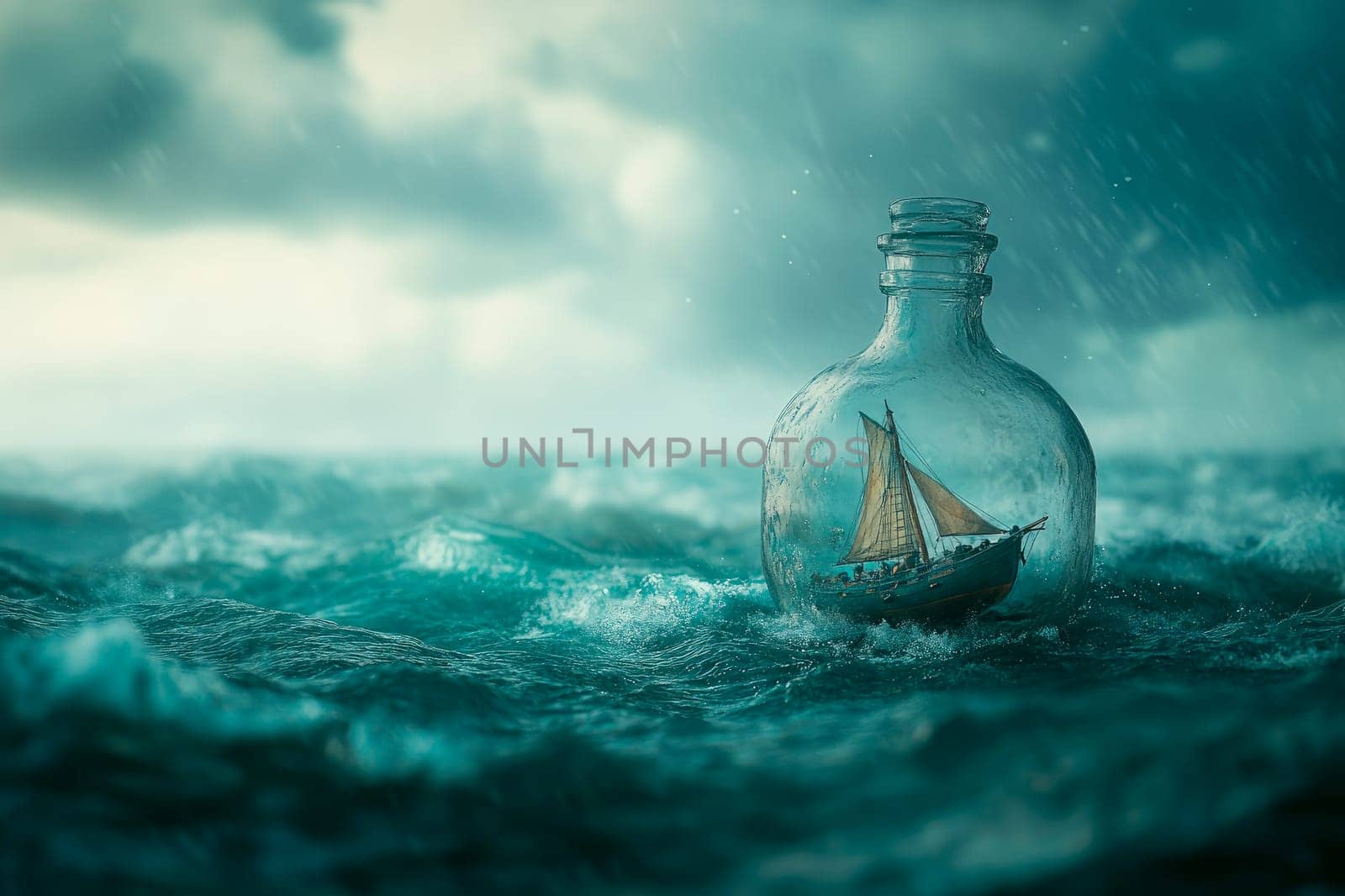 Sailing boat in a bottle strike stormy ocean waves. Adventure concept. AI generated
