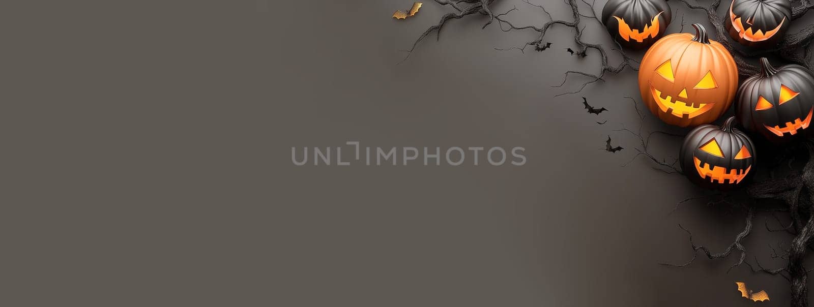 Halloween illuminated carved pumpkin, evil scary face in darkness, candle lit at night, dark background with copy space