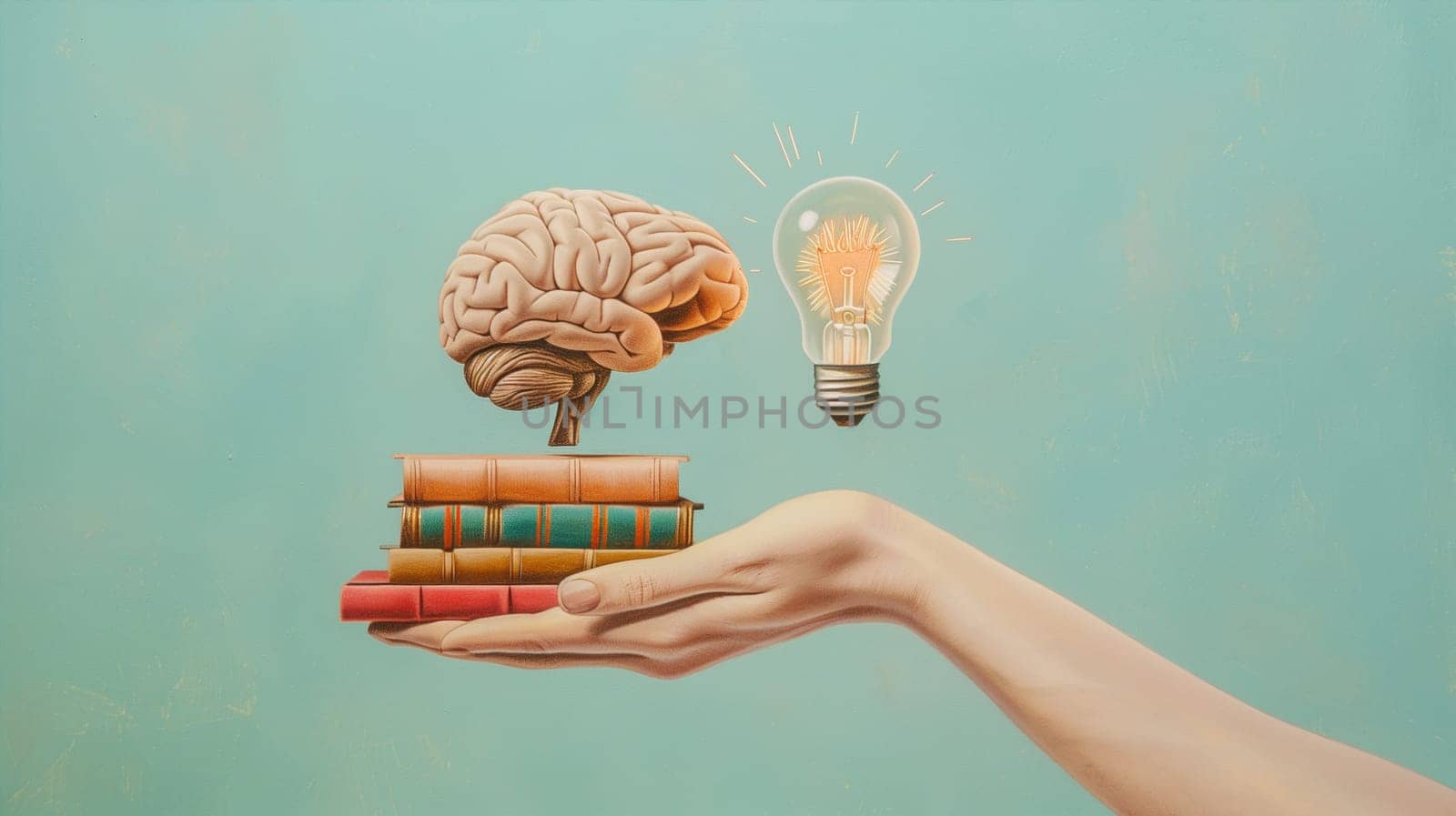 Human brain with books and light bulb, education and science concept, learning new skill, have wisdom and knowledge