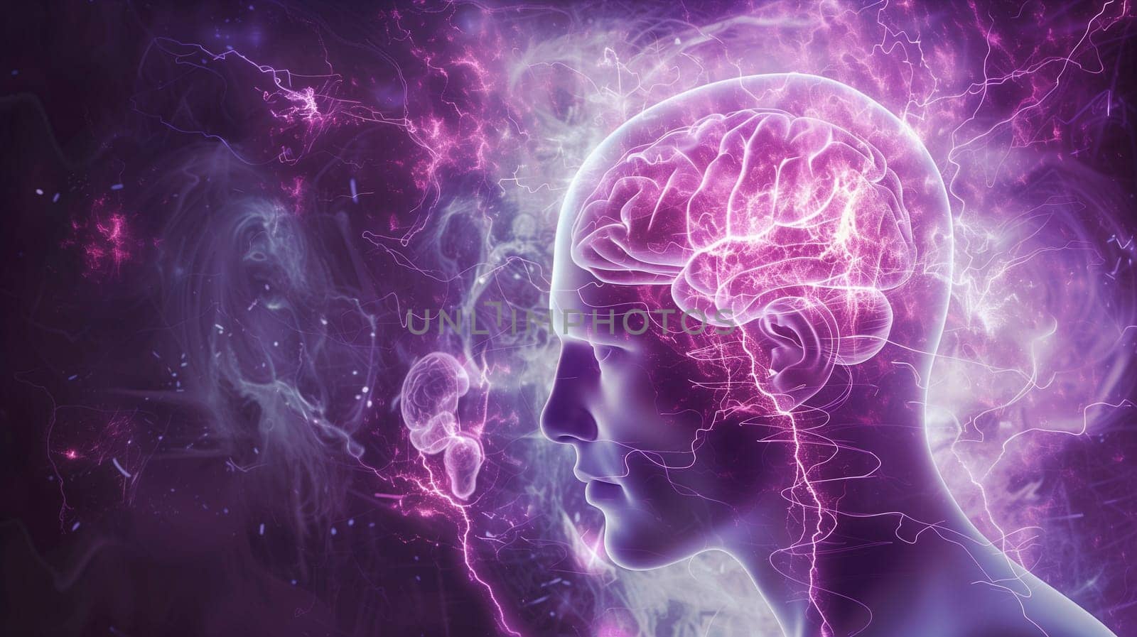 Epilepsy seizure, migraine headache attack, tumor, psychological pressure and stress, mind with burnout or trauma, human brain