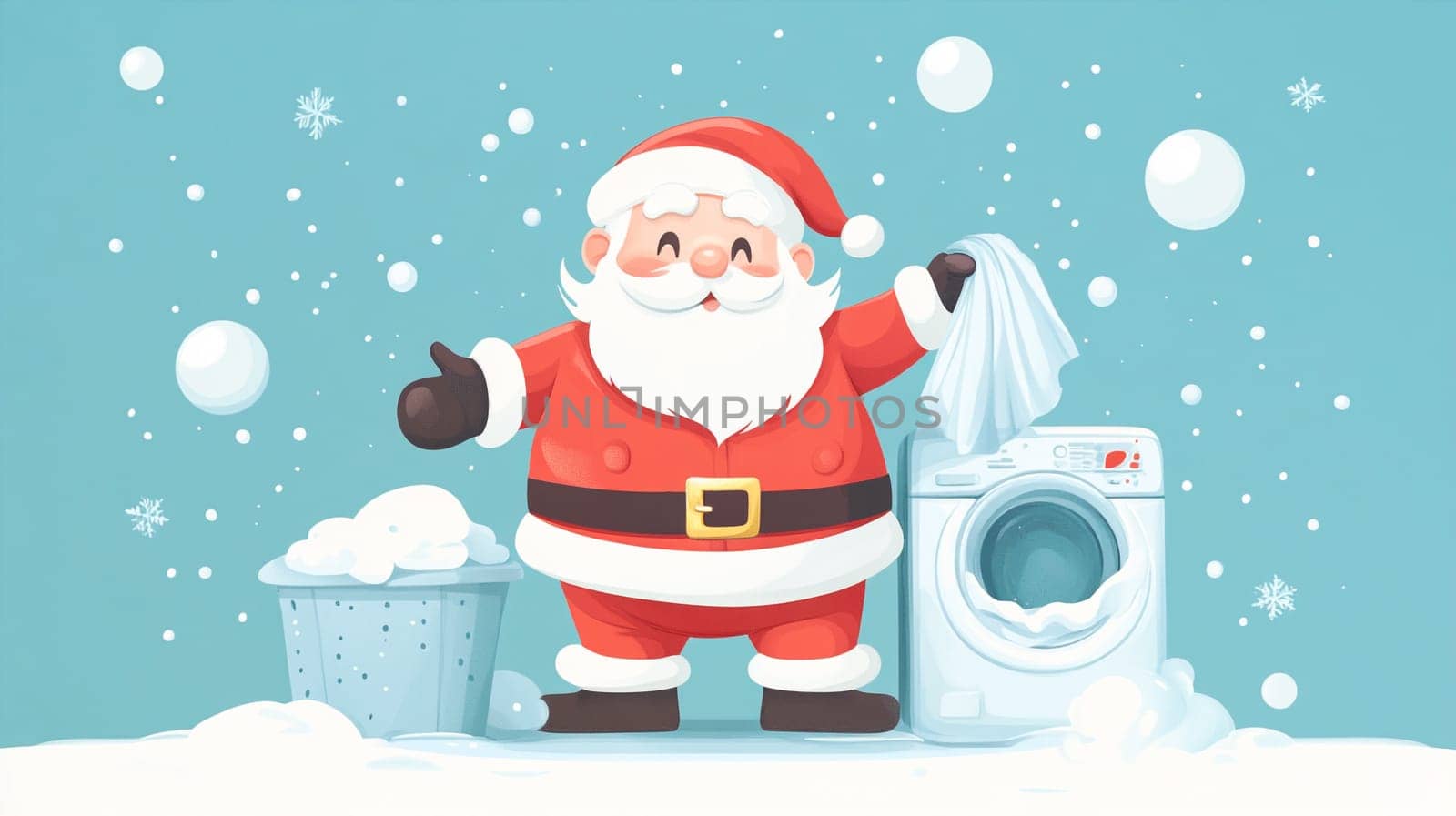 Santa Claus is washing his clothes in the washing machine, winter holiday season, christmas greeting card, snowflakes