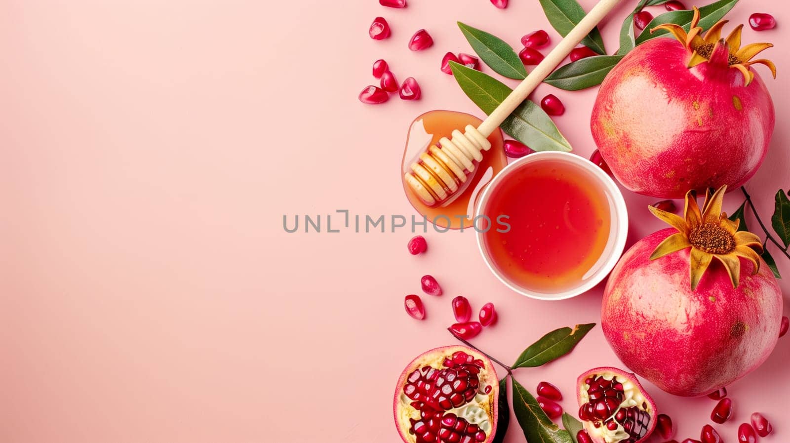 Rosh hashanah, jewish new year holiday, background with pomegranate and honey, traditional food for celebration