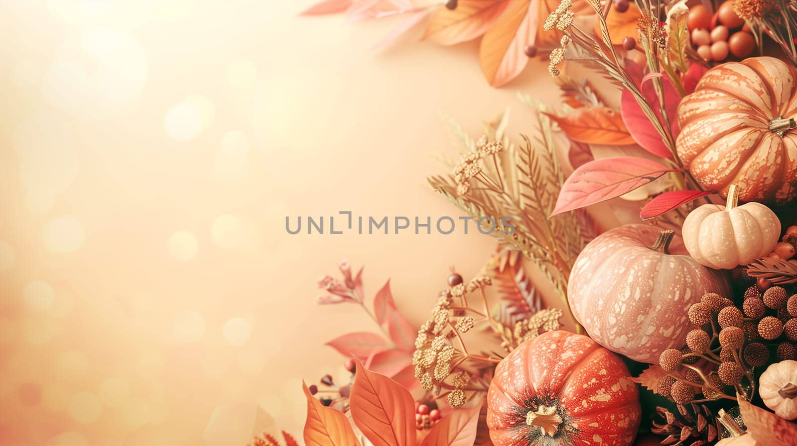 Thanksgiving background, pumpkin and autumn foliage, banner with copy space, holiday season