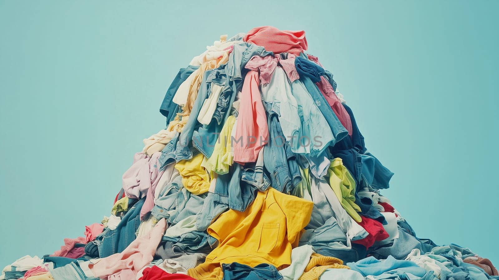 Huge pile of clothes, fast fashion, textile industry, recycling and environmental issue, waste of resources, dirty washing