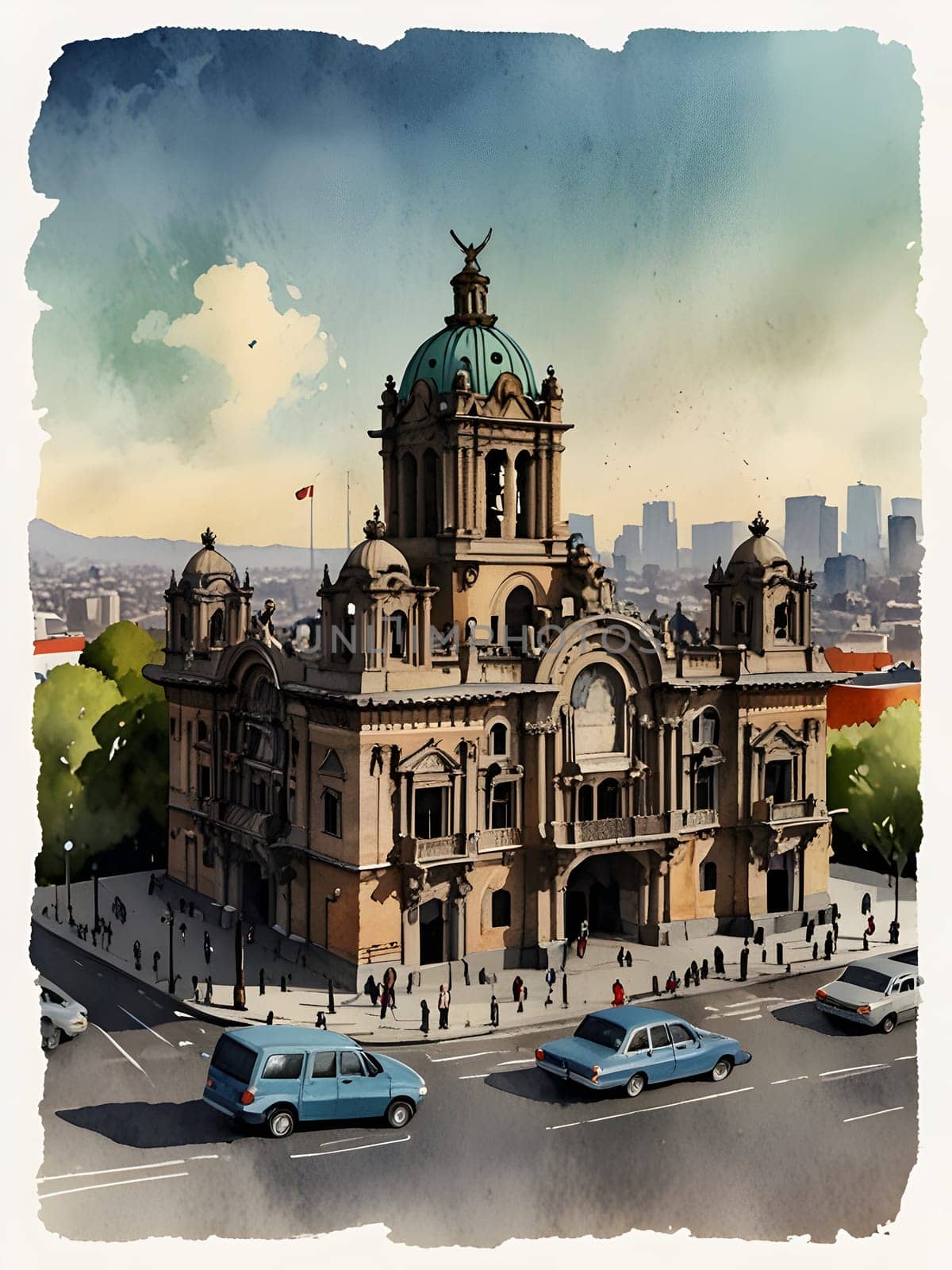 Mexico city view watercolor art