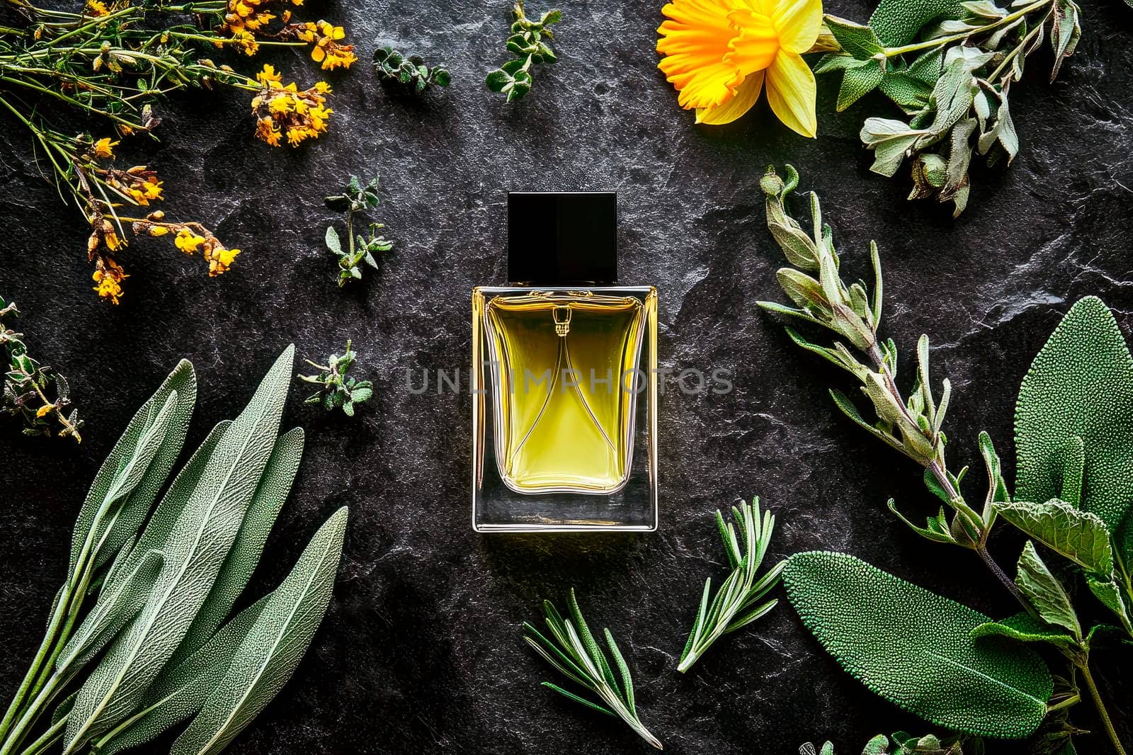 A  perfume bottle surrounded by flowers and plants on a dark background. Top view. AI generated