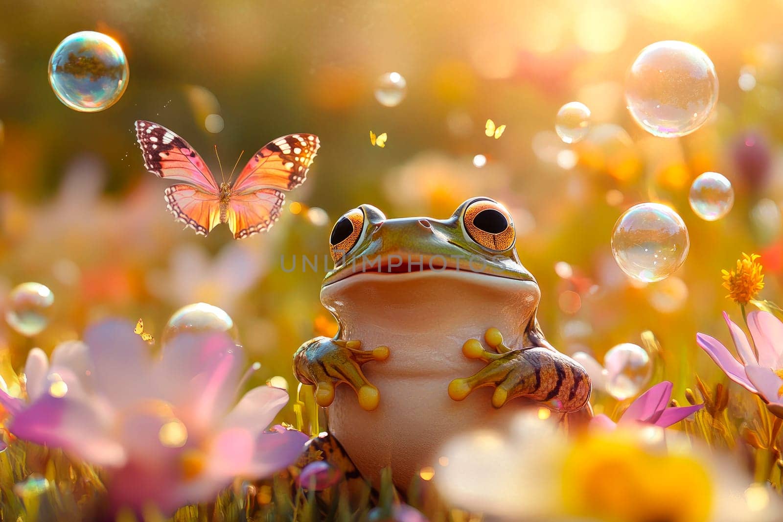 Cute frog is having fun in the sunny field with flowers, bubbles and butterflies. AI generated