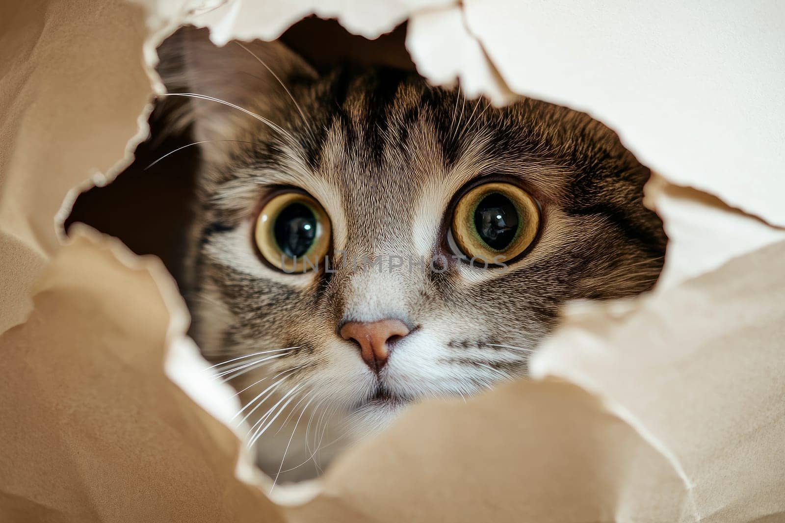 An adorable cat peeking through a torn hole of paper. AI generated