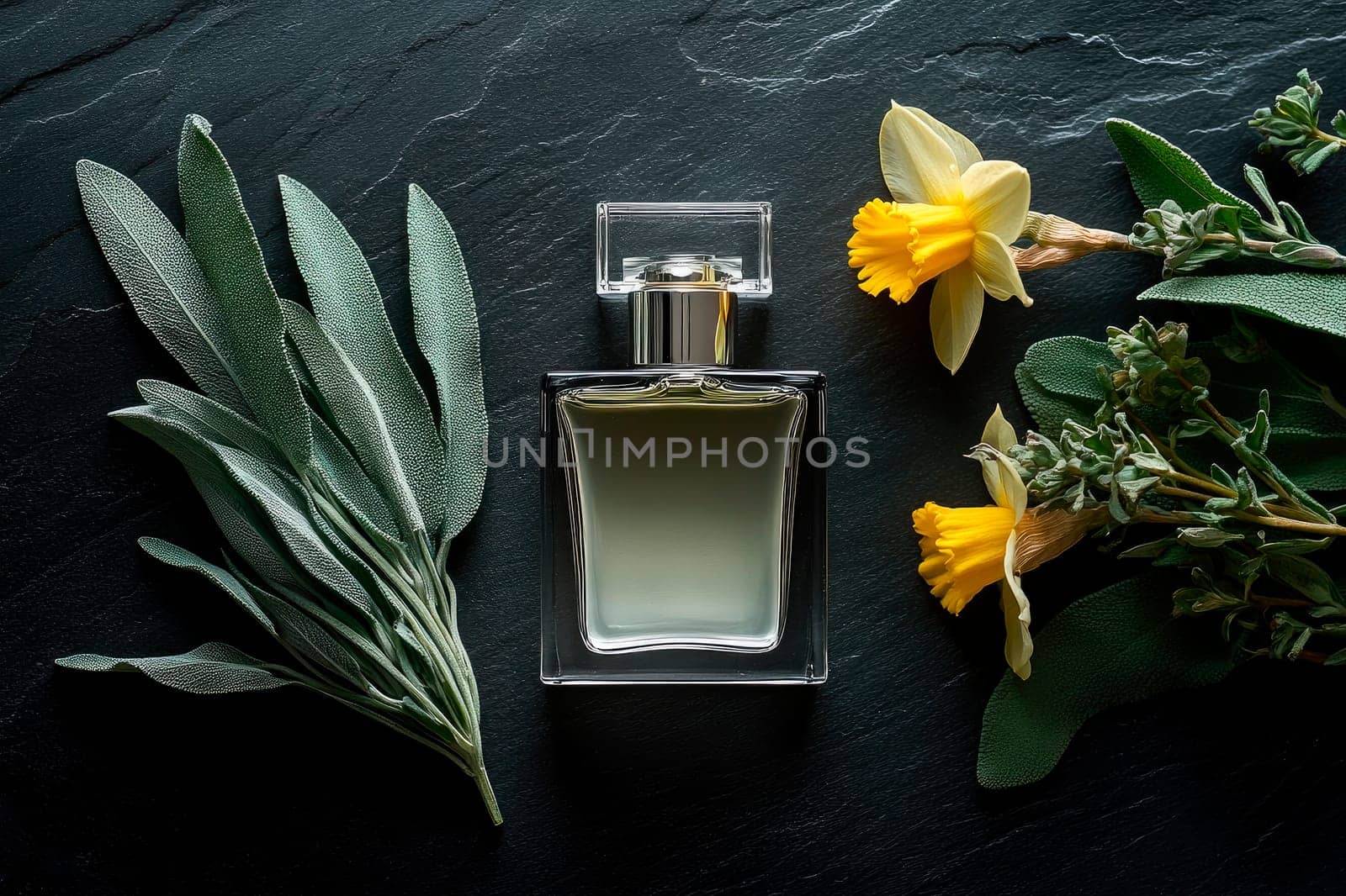 A  fragrance bottle surrounded by flowers and plants on a dark  background. Top view. AI generated