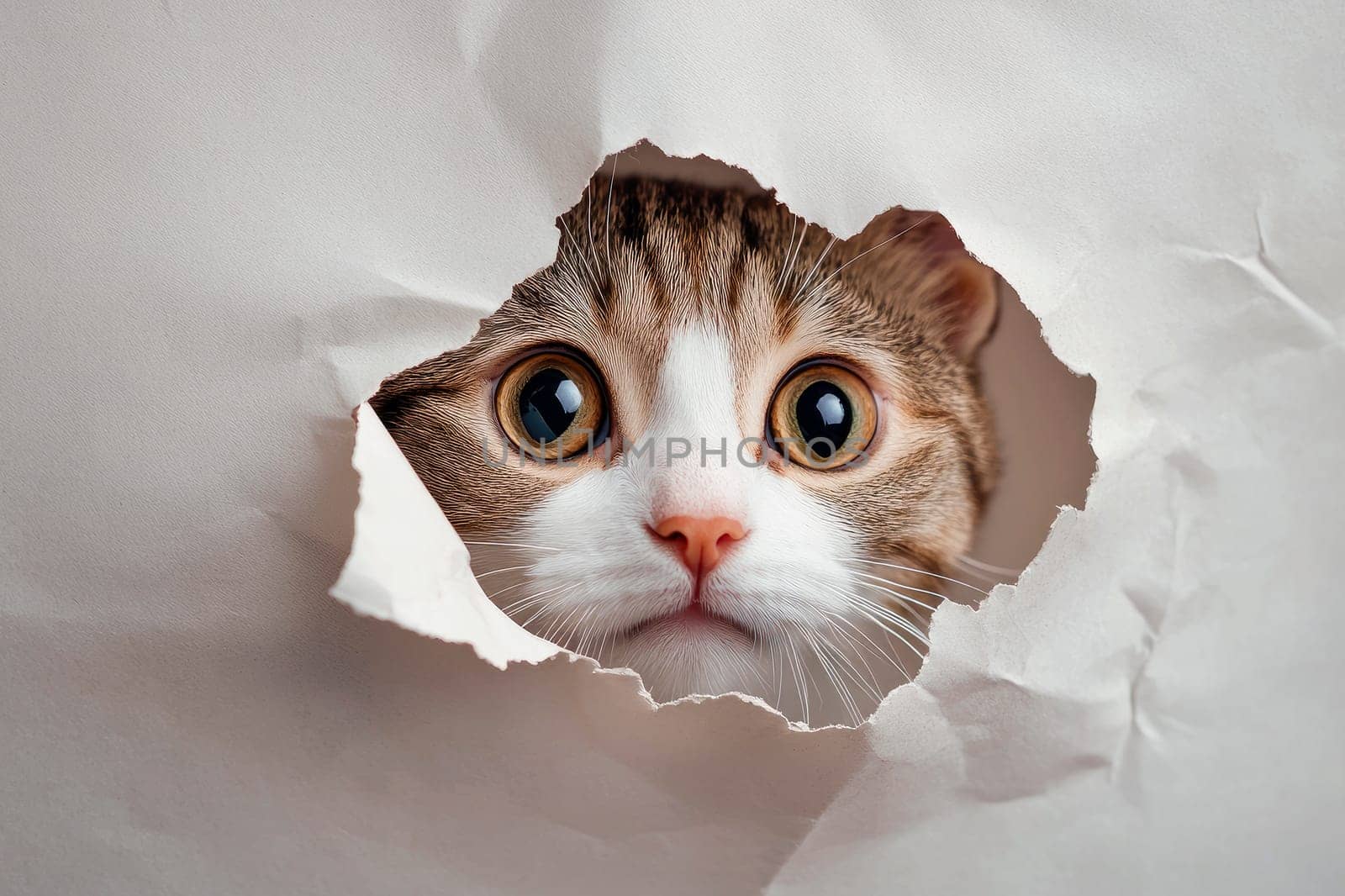 An adorable cat peeking through a torn hole of paper.Close-up view. AI generated
