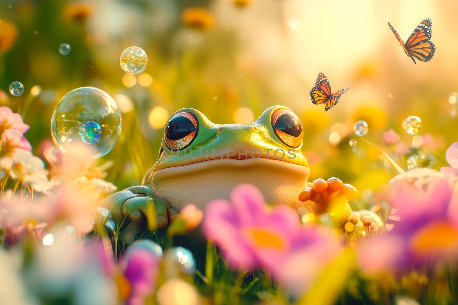 Cute frog is having fun in the field with flowers, bubbles and butterflies. AI generated