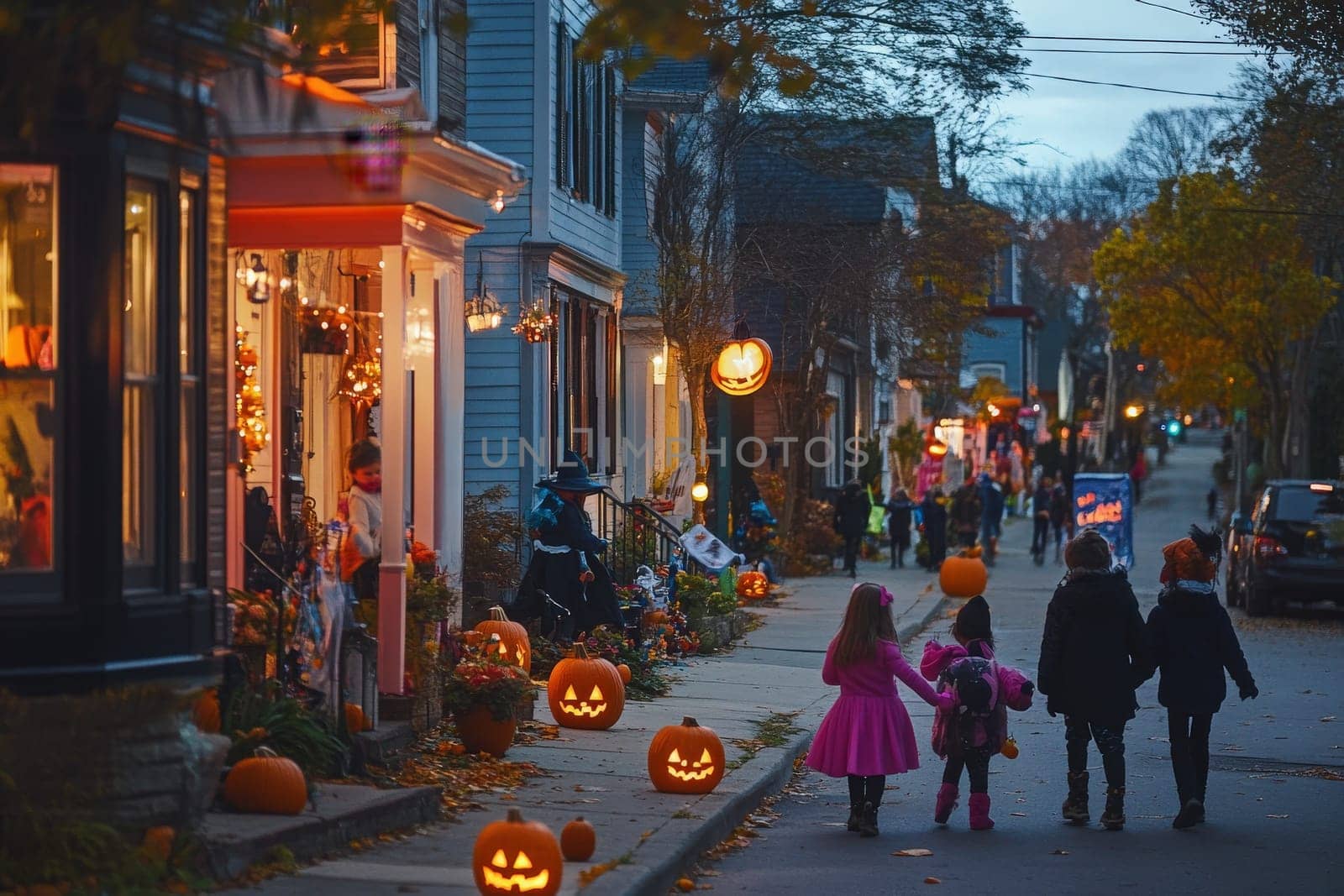 Kids in colorful costumes stroll down a decorated street, collecting treats while pumpkins glow invitingly under the autumn twilight.