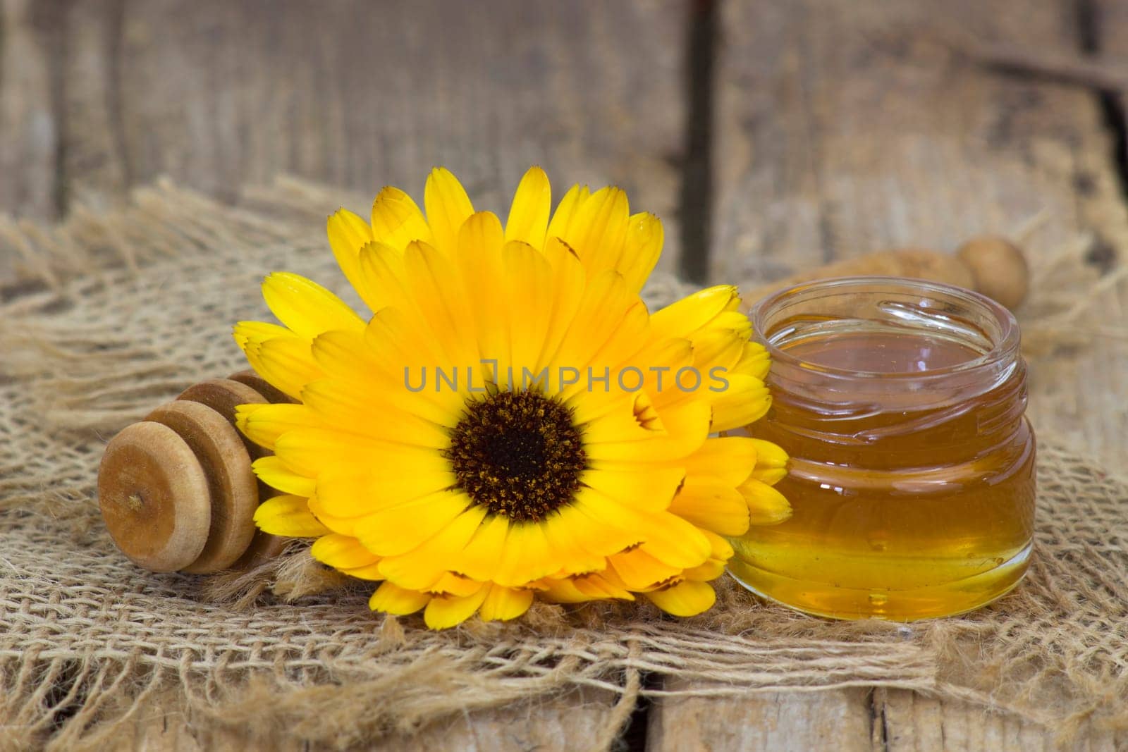 honey and calendula flower on wooden background