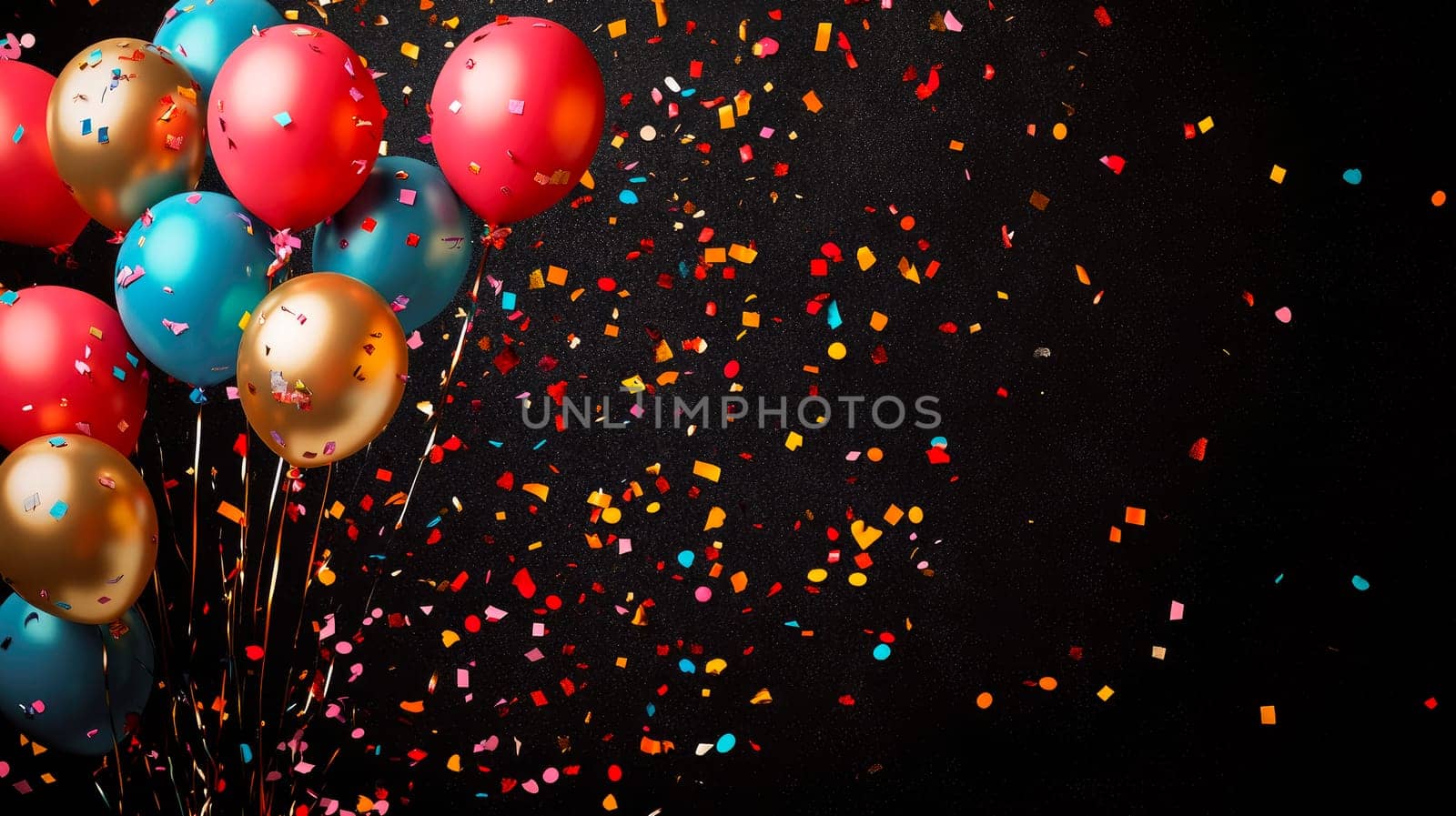 Bunch of helium balloons and confetti on a dark background. AI generated