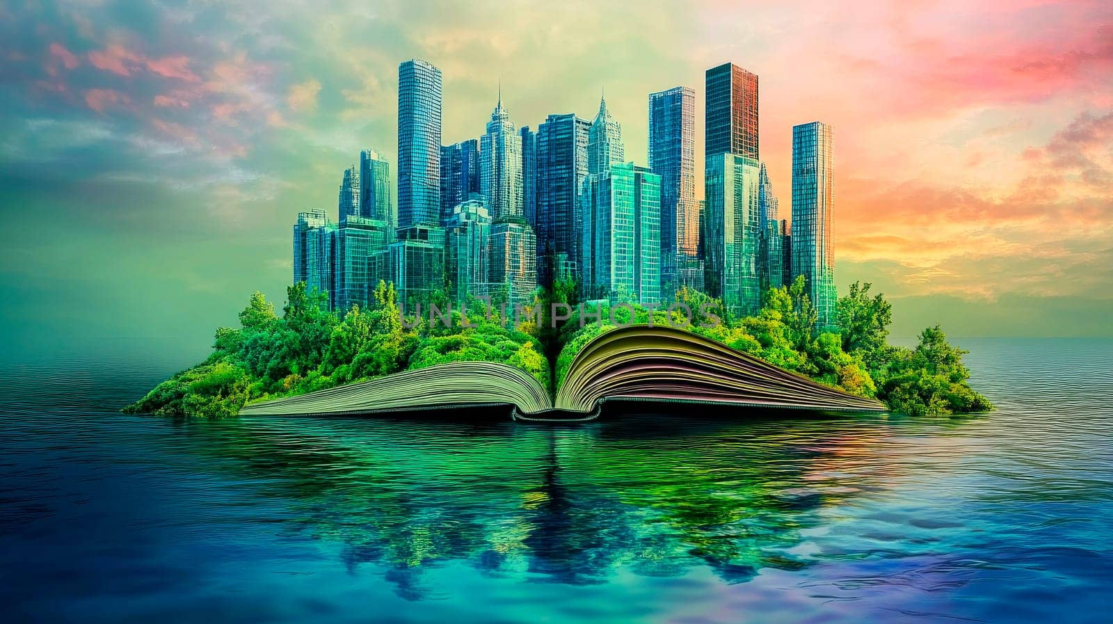 Abstract image of an open book with a green city landscape on a water surface. AI generated
